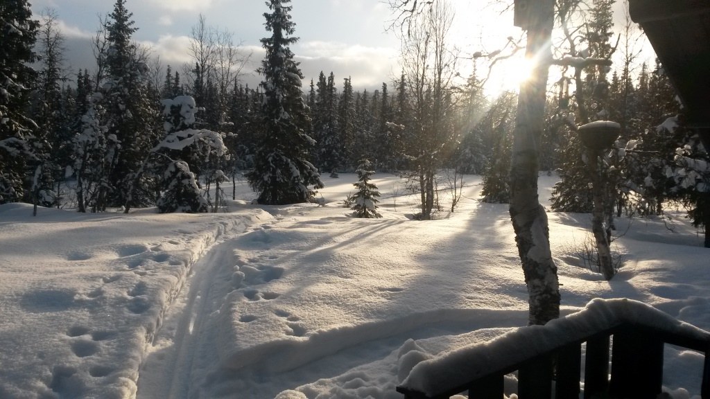 Lett snødryss og ettermiddagssol over "tunet" på Lyuplassen.